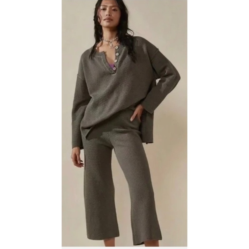 Free People Beach Hailey Waffle Knit Henley Top & Wide Leg Pants Set Grey